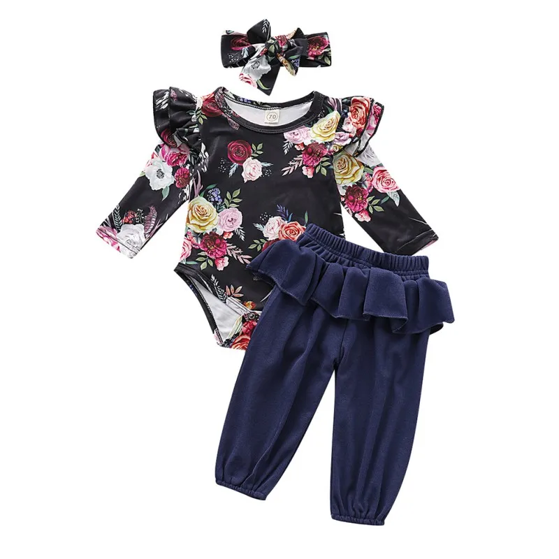 

3pcs Baby Girl Clothes Set Flower Long Sleeve Suit Infant Girls Babe Romper Trousers With Headband 3pcs Clothing Set 13