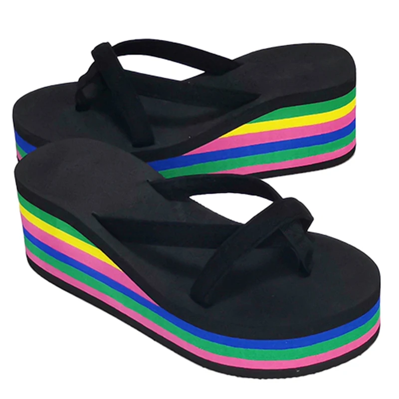 colorful black Пляжные сандалии в богемном стиле; шлепанцы на танкетке и платформе; Вьетнамки; летняя обувь для женщин и девушек; модная обувь - Цвет: colorful black