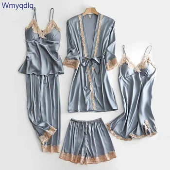 

Wmyqdlq Autumn And Winter Feminine Suit Silk Thin Nightdress Five-Piece Ice Silk Ladies With Chest Pad