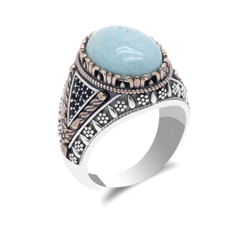 

Vintage Turquoise Ring 925 Sterling Silver for Men Oval Natural Stone Retro Gorgeous Finger Ring for Male Women Turkey Jewelry