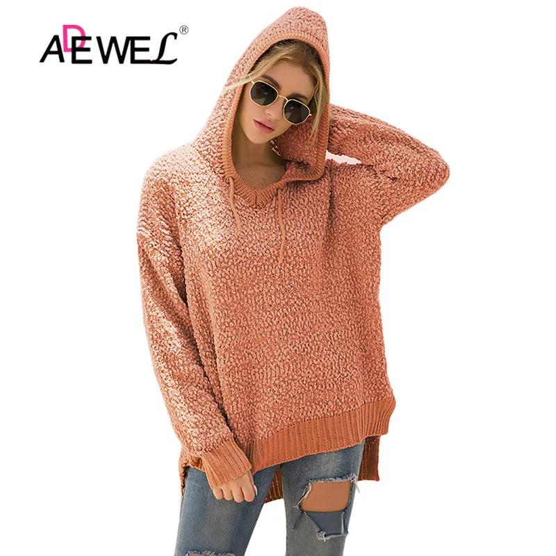 

ADEWEL Orange Black Green Autumn Winter Sweater Women Long Sleeve Hooded Pullover Sweaters Women Casual Loose Knitted Tops Femme
