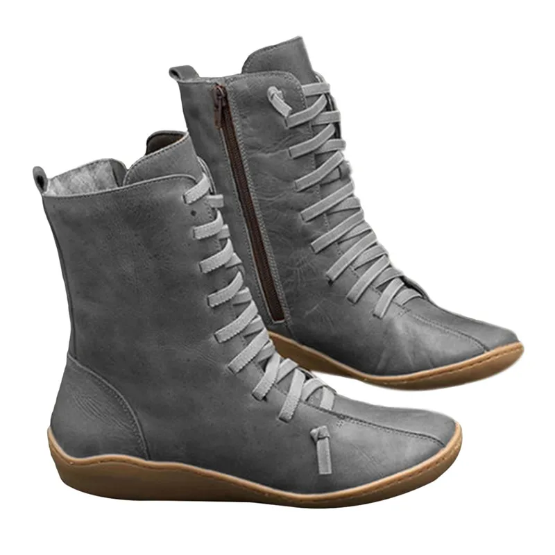 gray Модные удобные ботинки из мягкой искусственной кожи; обувь на плоской подошве для верховой езды; Черные Ботинки martin; женские осенние повседневные ботинки до середины икры на молнии - Цвет: gray