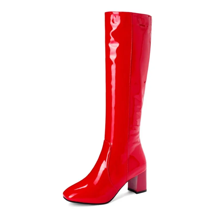 Обувь из лакированной кожи на молнии на высоком каблуке женские сапоги до колена осенне-зимние сапоги обувь с квадратным носком женские большие размеры 34-45 MAZIAO