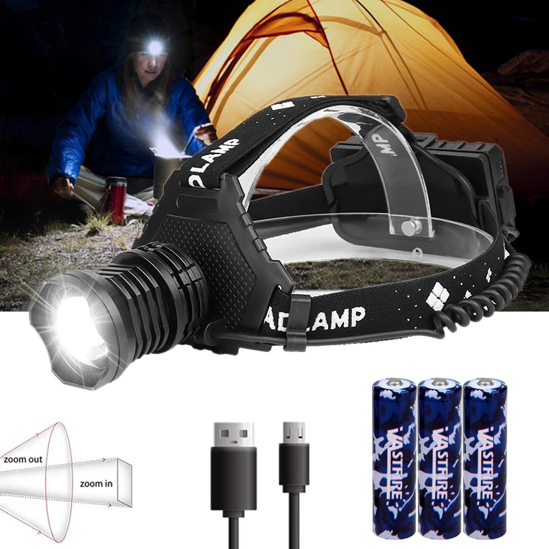 XHP70 USB Charge Zoom Torch Portable 2000Lm Flashlight Lamp 5 Modes Smart Camping Adventure Fishing Head Headlight