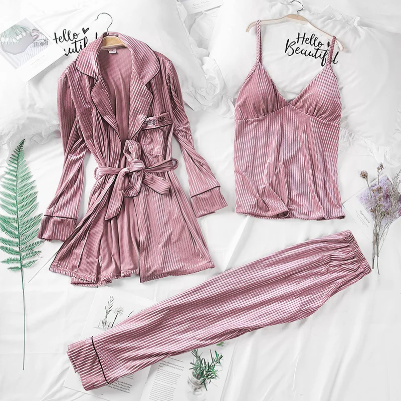 

Winter New Pure Color Stripe 3 Pcs Women Pajama Set Gold Velvet Thicken Keep Warm Pyjamas With Belt Lace Fashion Sleepwear