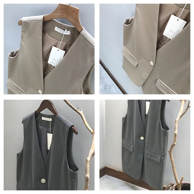Mooirue Fall Women Suit Vest Sleeveless Beige Black Elegant Office V Neck Jacket Coat