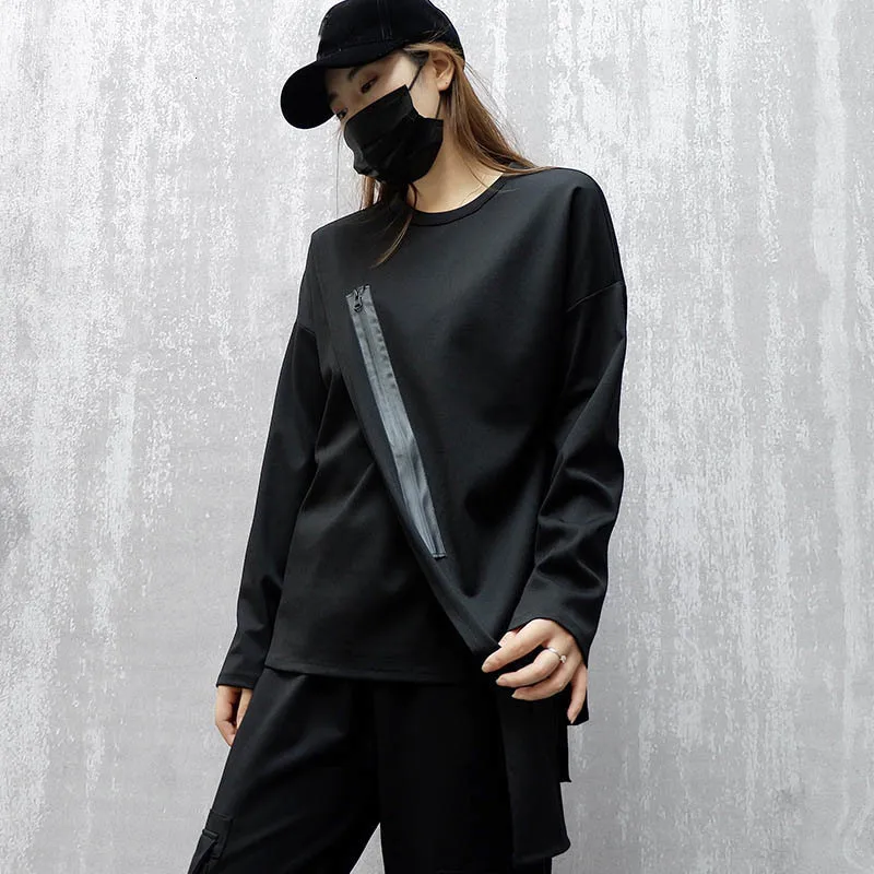 [DEAT] Women Black Zipper Irregular Causal Brief T-shirt New Round Neck Long Sleeve Fashion Tide Spring Autumn 13E318