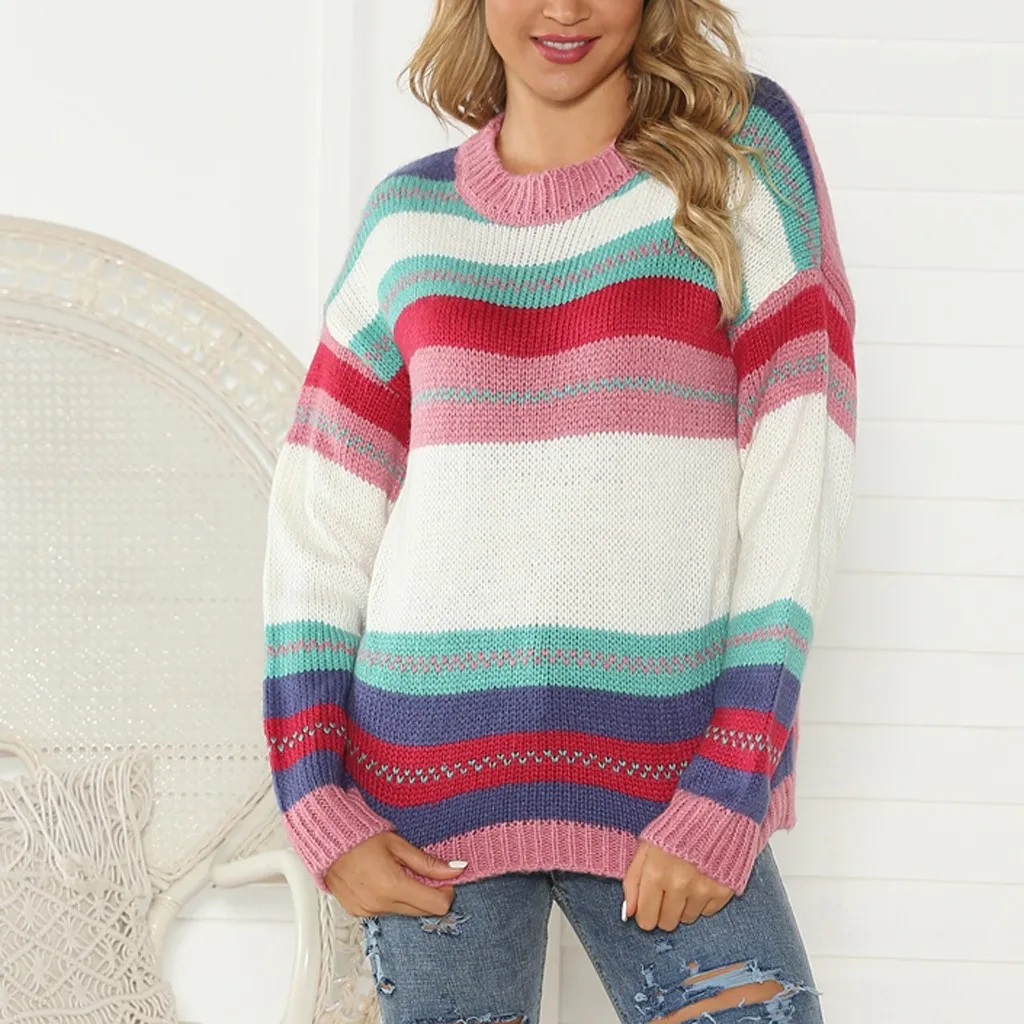 Женский свитер, Повседневный свитер в полоску, круглый вырез, длинный рукав, свободный свитер, пуловер, топы, chompas de mujer invierno L826