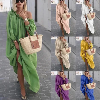 

Women Plus Size Leisure Solid Color Long Dress Large Swing Loose Long Sleeve Irregular Maxi Dress