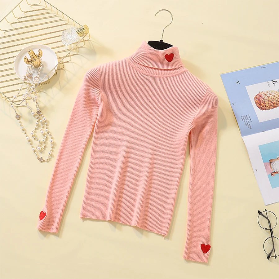 Autumn Winter Love Embroidery Pullover Sweaters Women Solid Warm Turtleneck Knitted Sweater Female Korean Long Sleeve Base Top