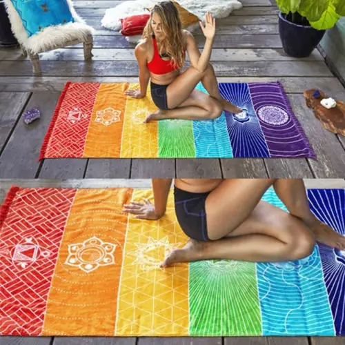 Радуга Бохо пляжный коврик Мандала одеяло Полосатый кисточкой настенный гобелены шарф йога