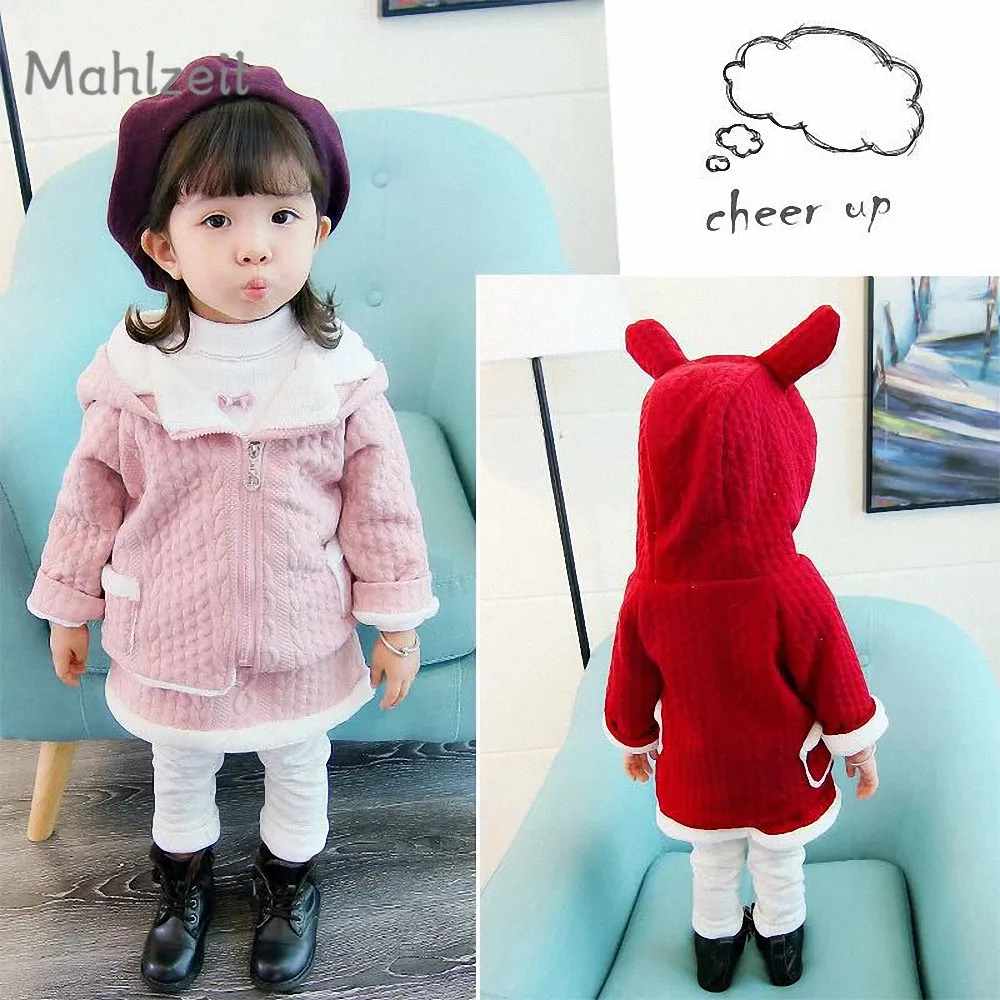 Winter new Children Korean style 2pc set warm outwear clothes for 6-36M baby girl Kids thick warm coat+ skirt pant suit