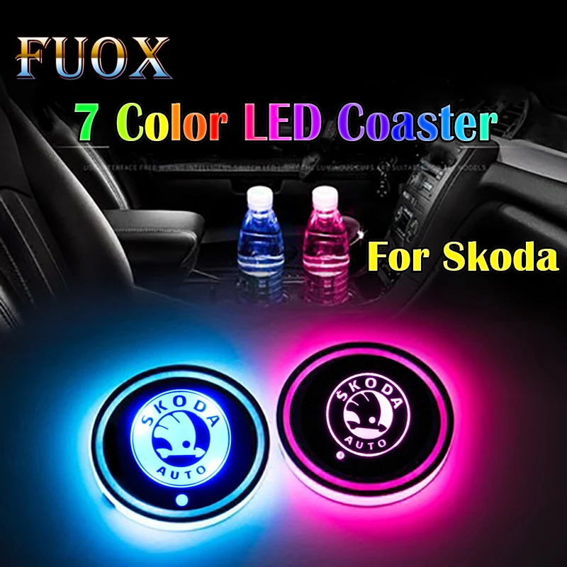 

2PCS Car Logo Luminous Light LED Drink Coaster Anti Slip For Skoda rapid fabia yeti kodiaq octavia a5 a7 kodiaq Car Accessories