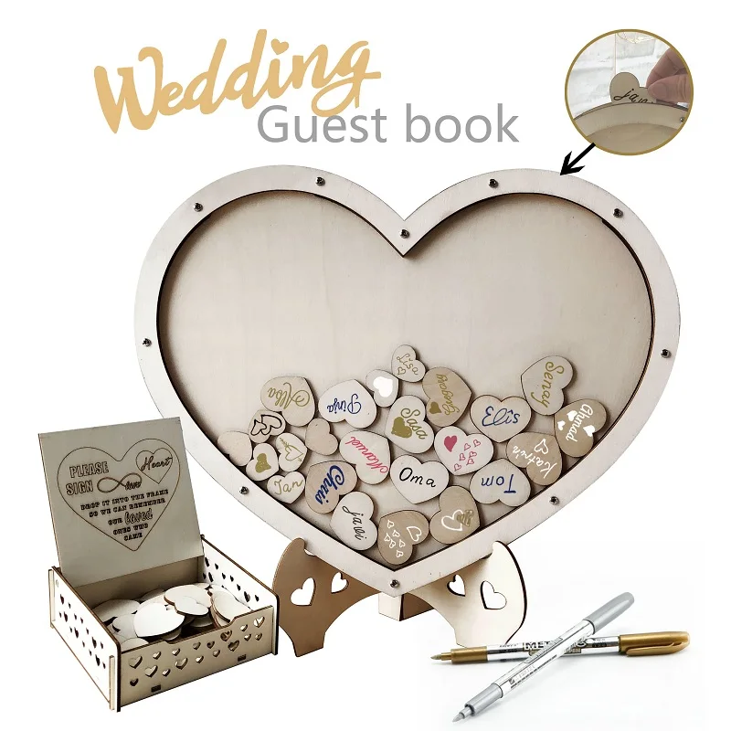Libro de invitados de boda alternativo libro de visitas de gota de corazón libro de cartel con marco superior desplegable con 80 corazones de madera 