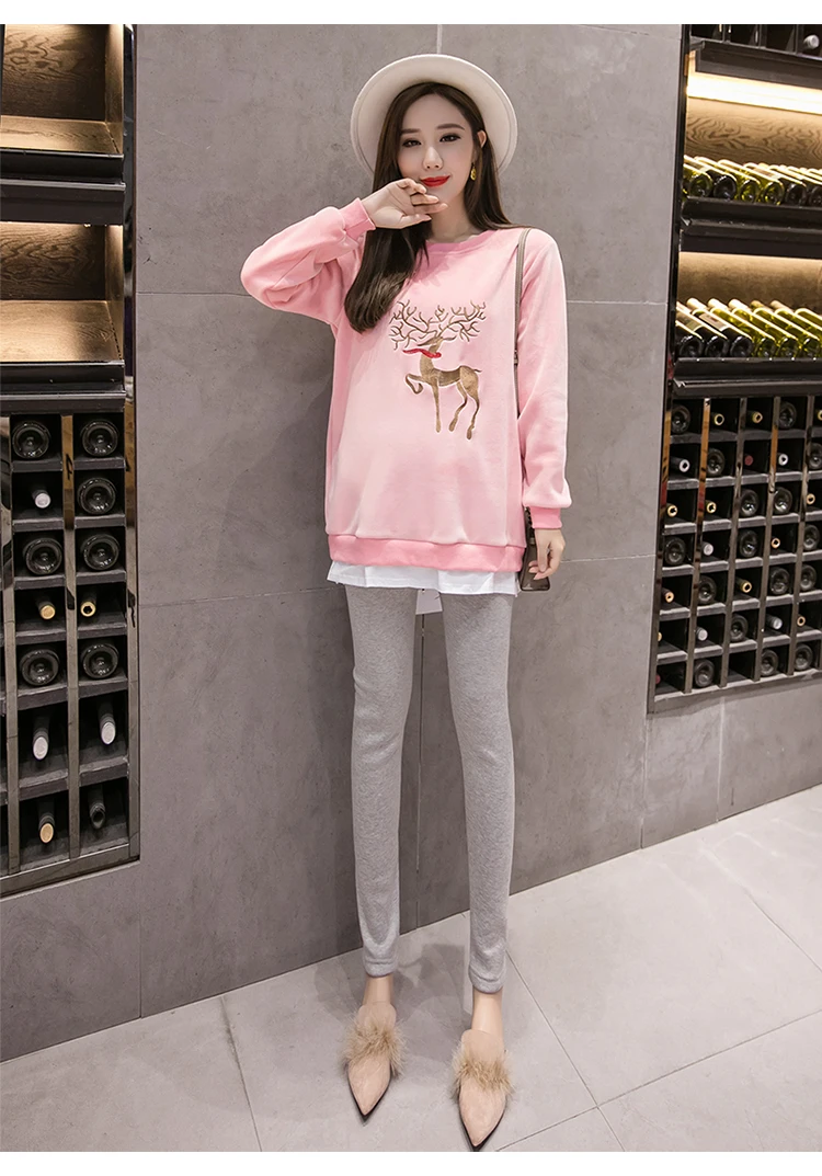 Velvet Autumn Korean Fashion Maternity Hoodies Lagre Size Loose Sweater Clothes for Pregnant Women Spring Pregnancy Shirts Tops