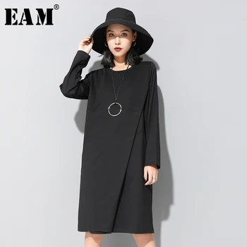 

[EAM] Women Black Brief Split Joint Temperament Dress New Round Neck Long Sleeve Loose Fit Fashion Spring Autumn 2020 1N7910