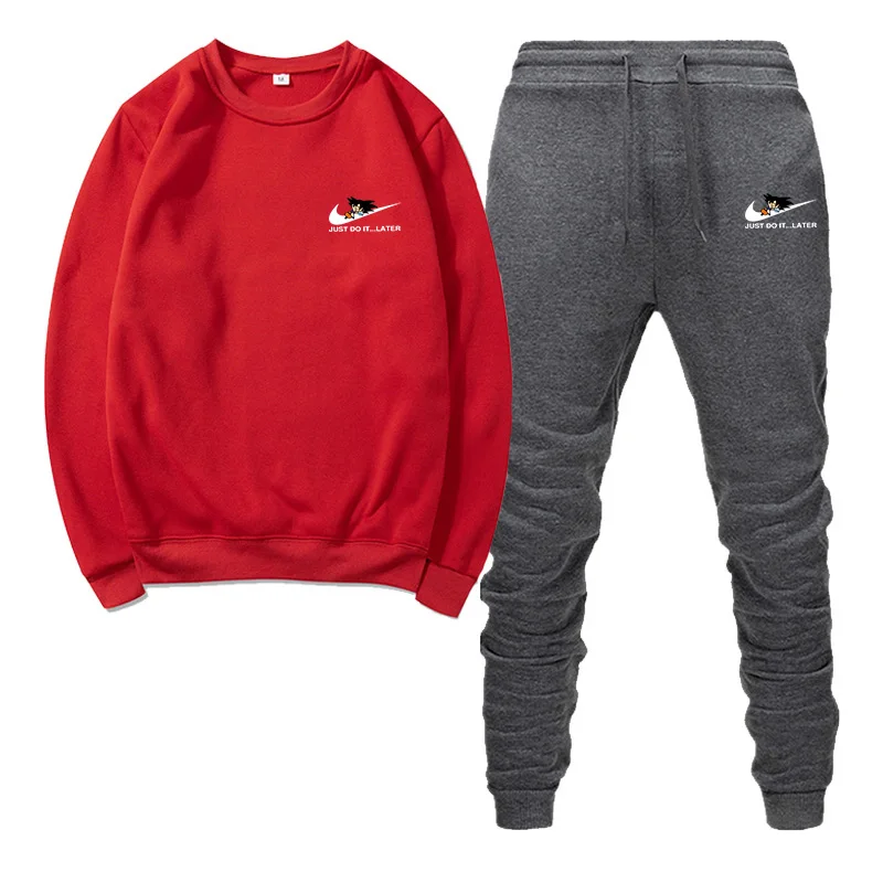Red and dark gray Алиэкспресс взрыв зимний МОЛОДЕЖНЫЙ мужской спортивный и фитнес тренировочный костюм корейский тренд с длинными рукавами свитер костюм для мужчин - Цвет: Red and dark gray