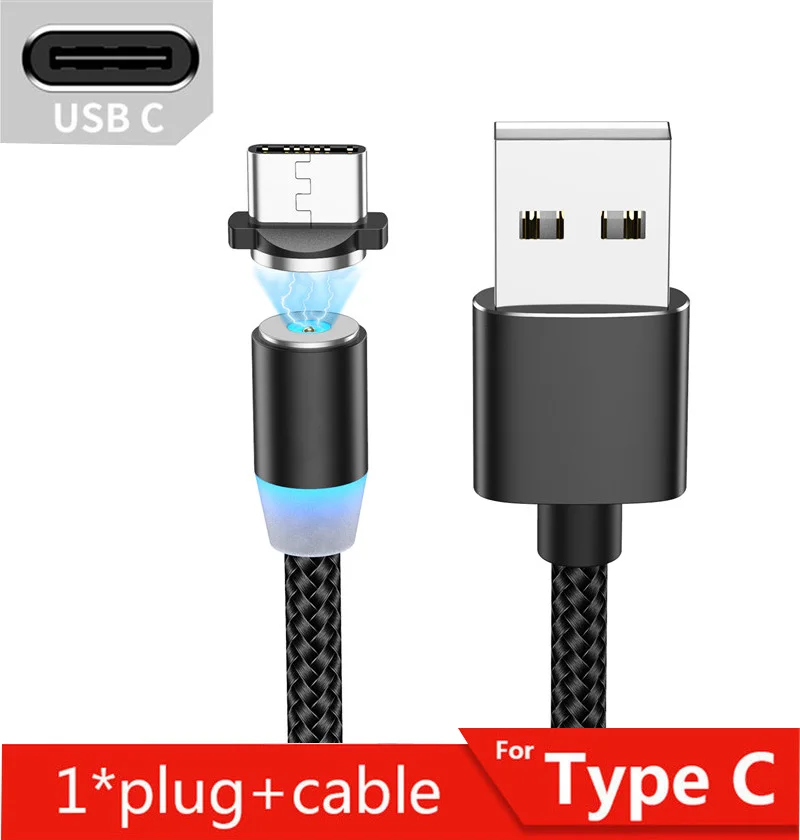 Black for Type-c Tkey 1 м/2 м USB кабель тип-c светодиодный светильник Магнитный кабель лилон Плетеный Микро магнит зарядное устройство для мобильного телефона для iphone Xr samsung S10 - Цвет: Black for Type-c