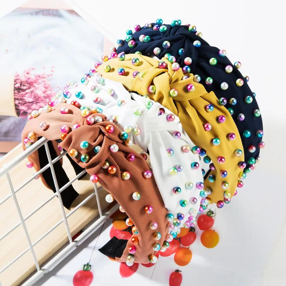 

Vedawas Fashion Cloth Fabric Headband Personality Knotted Colorful Small Pearl Hair Ring Korean Version Headband Wholesale