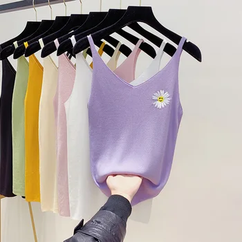 

Summer Stretch Knitted Tank Top Women New Small Strap Daisy Embroidered Sweet Basic Tops Inside and Outside Wear Female Tops