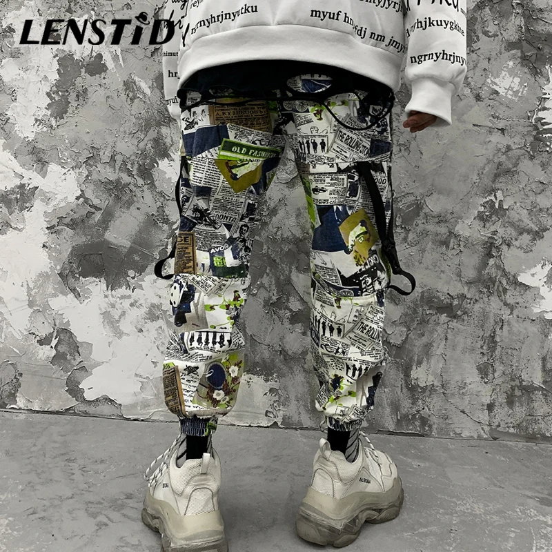 LENSTID Hip мужские уличные ленты с газетным принтом шаровары для бега Harajuku модные