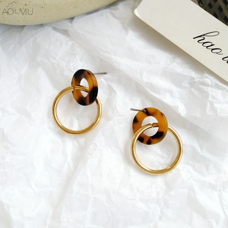 

AOMU Vintage Circle Round Double Hollow Acrylic Resin Metal Dangle Drop Earrings for Women Girl Party Gift Statement Jewelry