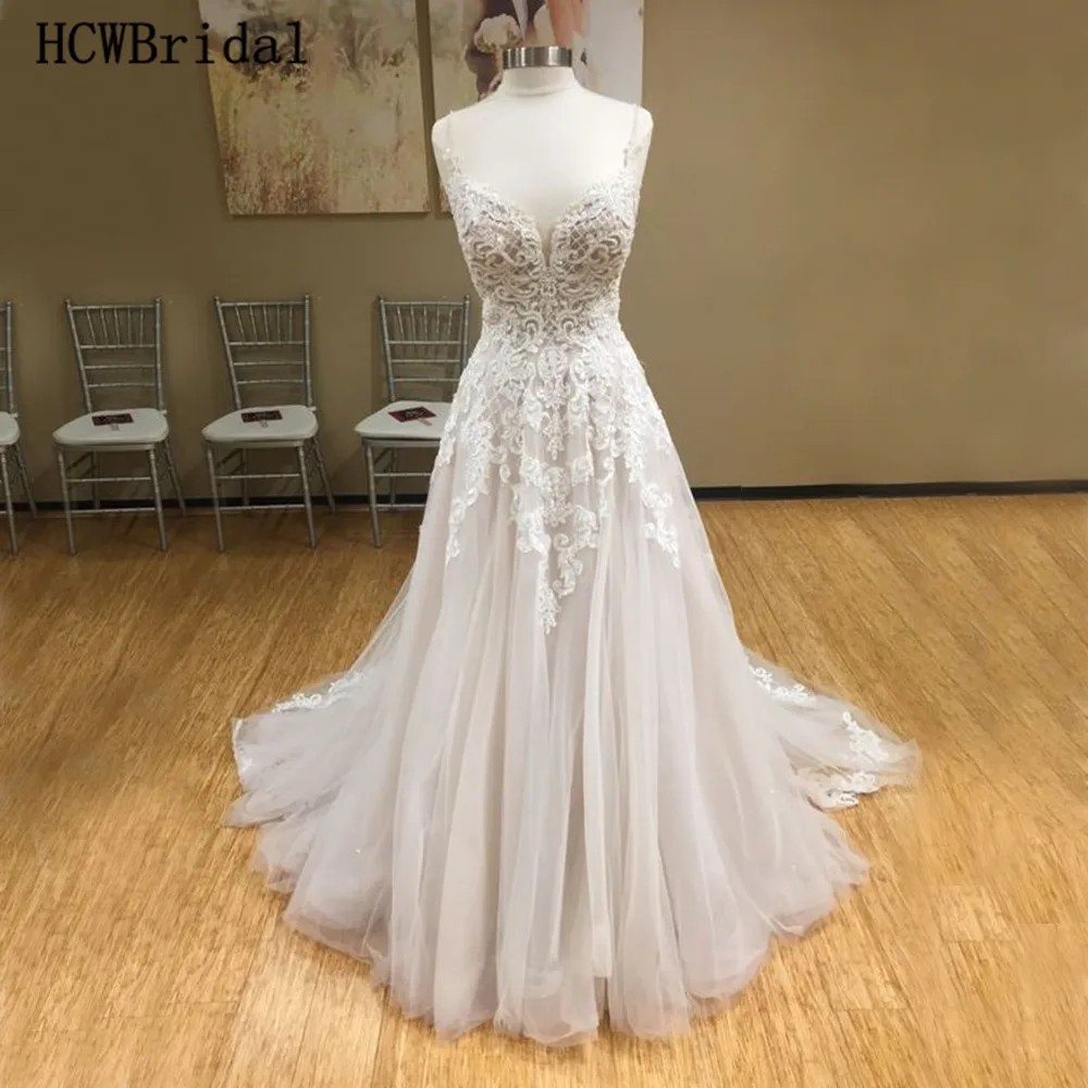

Real Photos Lace Wedding Dresses A Line Spaghetti Strap Backless Ivory Tulle Bridal Dress Custom Made Vestido De Casamento