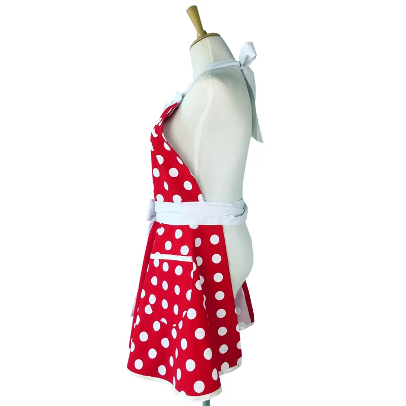 

3pcs Aprons For Woman's Home Kitchen Cooking Dining Accessory Retro Full Red Dot Cotton Aprons Bib With Pocket