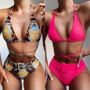

hirigin High Waist Buckles Bikini Set 2020 Women Vintage Print Lace-up Halter V-neck Bikini Beachwear Push Up Swimsuit Bathing