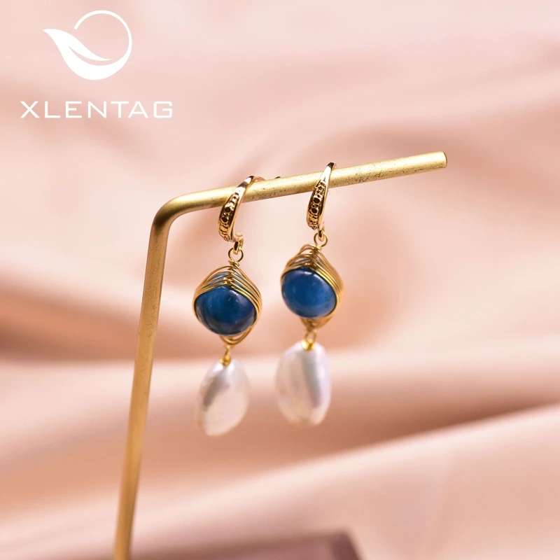 Винтажные серьги XlentAg из натурального синего камня в стиле барокко с жемчугом и