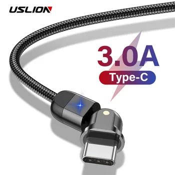 

USLION 180 Degree Rotate LED Type C Cable For Samsung Huawei P30 Pro Fast Charge Type-C Mobile Phone Charging Wire USB C Cable
