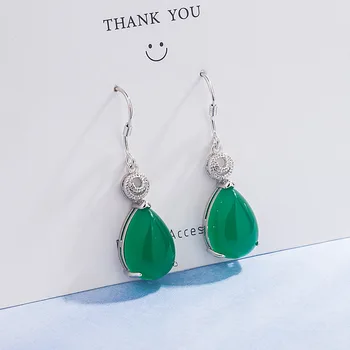 

National Wind Retro Diamond Set Green Chalcedony Long Earrings Green Agate Long Ear Hook Elegant Versatile Earrings