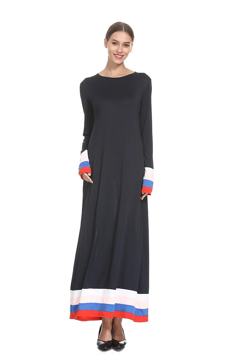 

Moslin Contrast Color Skirt Stitching Knitted Round Collar Long Sleeve A- Line Dress Cotton Fashion