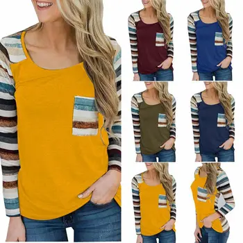 

2019 Autumn New Long Sleeve Stripes Stitching T-shirt Women's Top