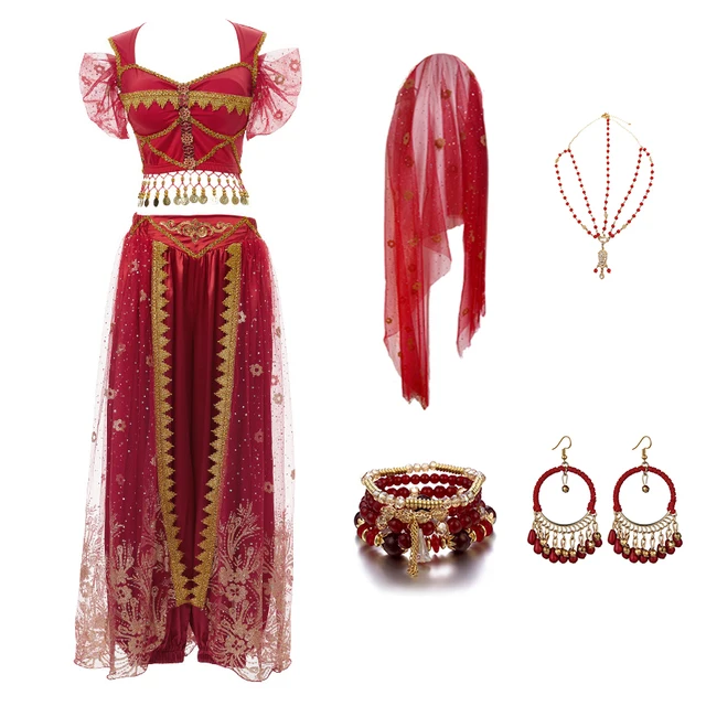 Festival Arabian Princess Costumes Indian Dance Embroider Bollywood Jasmine Costume Party Cosplay Jasmine Princess Fancy Outfit Red 2 - 6 pcs Set
