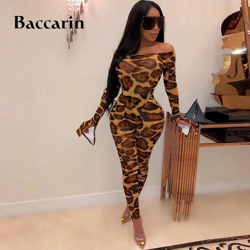 

Leopard Animal Print Jumpsuit Off Shoulder Elegant Bell Flare Sleeve Bodycon Sexy Streetwear 2020 Autumn Winter Clothes