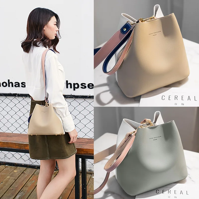 

Korean Fashion Wide Shoulder Bucket Handbag Coloured Women's Bag New Single Shoulder Slant Bag in 2019