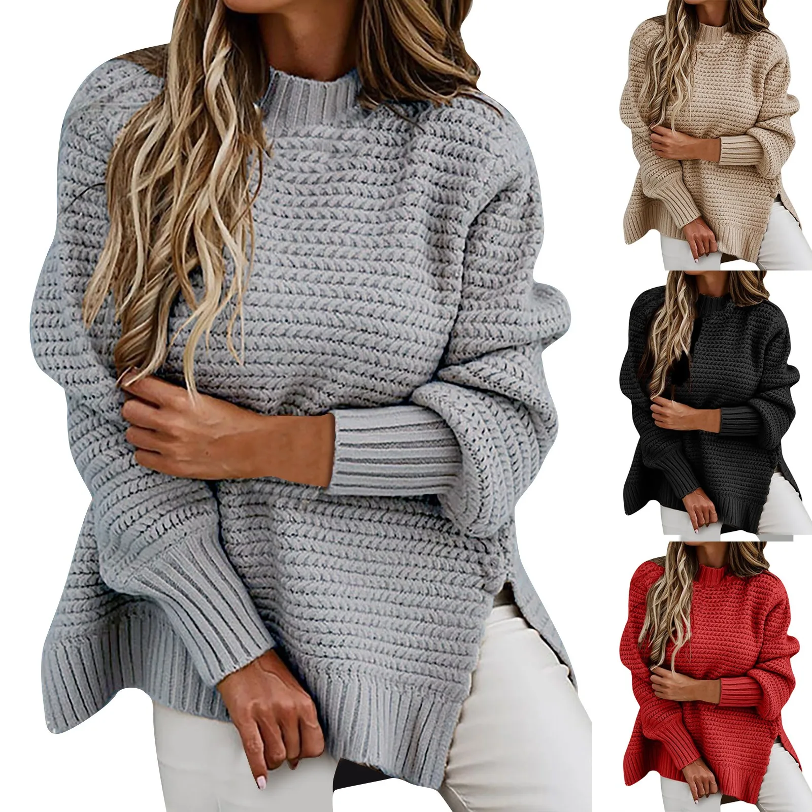 Women's Sweater Half High Neck Loose Solid Color Long-sleeve Thick Needle Side Slit Knitted Sweater Women Winter Autumn Pullover 2