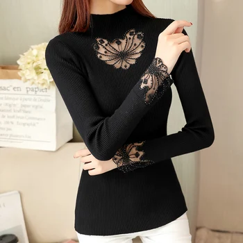 

Korea Autumn Winter Solid chic Pullovers Sweaters Women Spring Black Embroidery Lace Hollow Knitted Slim Sweater Female Tops