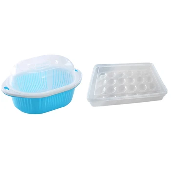 

3 in 1 Dish Tub and Colander Set with Lid Blue with Egg Holder for Refrigerator 24 Egg Tray