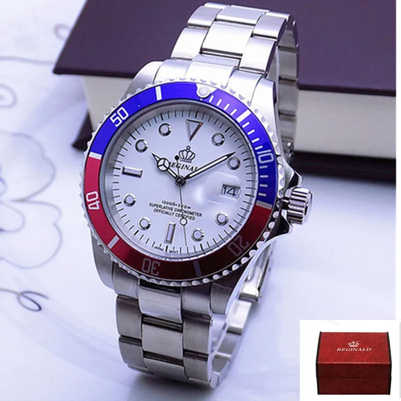 Роскошные Брендовые мужские часы Hk Crown с поворотным ободком GMT с сапфиром и датой, Спортивные кварцевые военные часы с голубым циферблатом, часы для мужчин - Цвет: Blue red white box