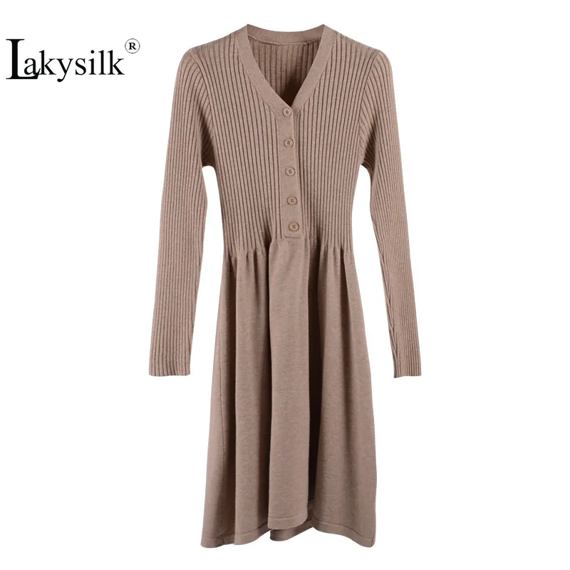 

Sexy V-Neck Sweater Dress Women Winter Knitted Full Length A linen Dresses Female Solid Thick Warm Pleated Button Vestidos Khaki