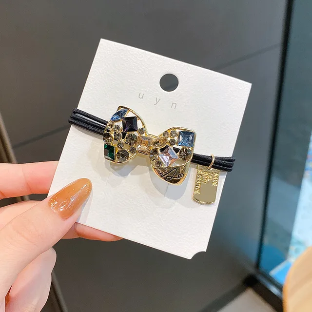 Fashion Rhinestone Hair Bands Hair Scrunchies Women Elastic Hair Bands Ties Rope Bands Ponytail Bands Hair Accessories F158Blue Bow