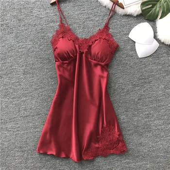 

Women's Sexy Lingerie Silk Nightgown Summer Dress Lace Night Dress Sleepwear Babydoll Nightie Satin Homewear Pad Nightwear #L20
