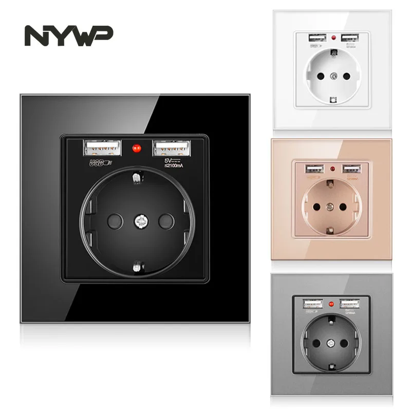 NYWP EU power socket, plug with 2.1a 16A USB charging port, glass panel, Russian Spanish power socket