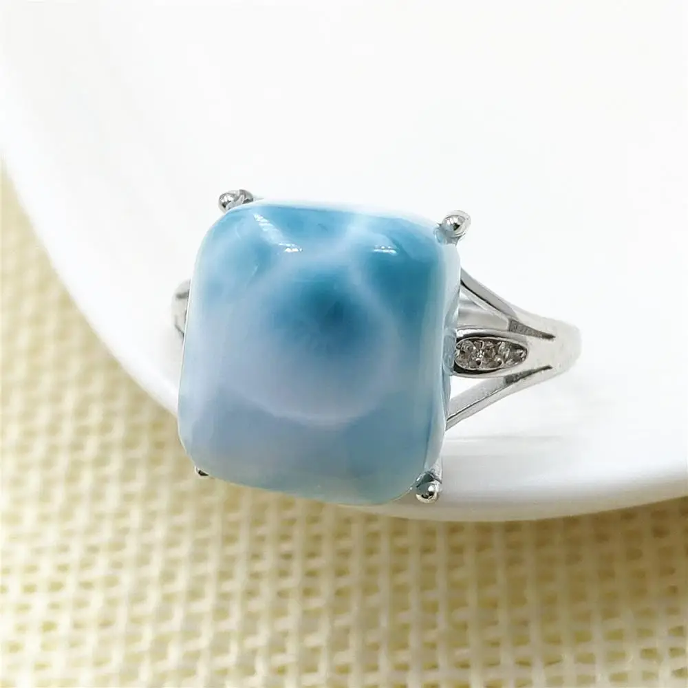 

Top Quality Natural Larimar Blue Dominia Rectangle Adjustable Ring 13x11mm Water Pattern Oval 925 Sterling Silver AAAAAA