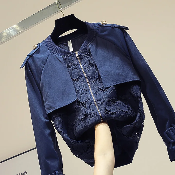 

New Korean Trend Lace Stitching Pure-color Jacket Lace Jacket Womens Zipper Coat White Blue Coats and Jackets Women Chaquetas