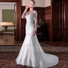 Винтажные Свадебные платья с кружевной аппликацией,, Роскошные свадебные платья с длинным рукавом для невесты, прозрачные пуговицы на спине, Vestidos de Noiva