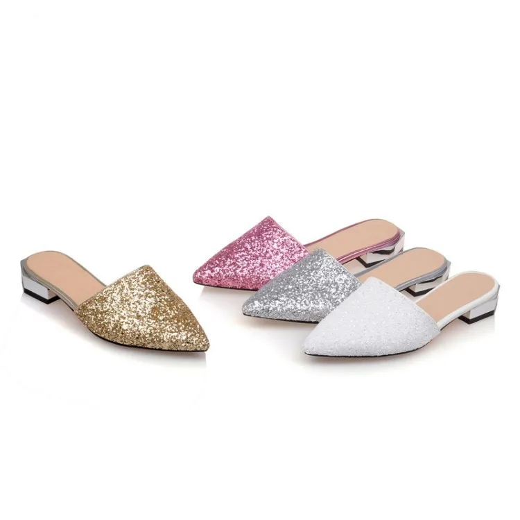 

2016 Summer New Style Fashion Europe And America Pointed Toe Chunky Heel Low Heel WOMEN'S Sandals Sequin Slipper Versatile WOMEN
