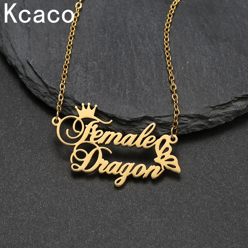 Customized Double Layer Name Necklace with Butterfly Crown Stainless Steel Romantic Letter Chain Choker for Couple Jewelry Gift